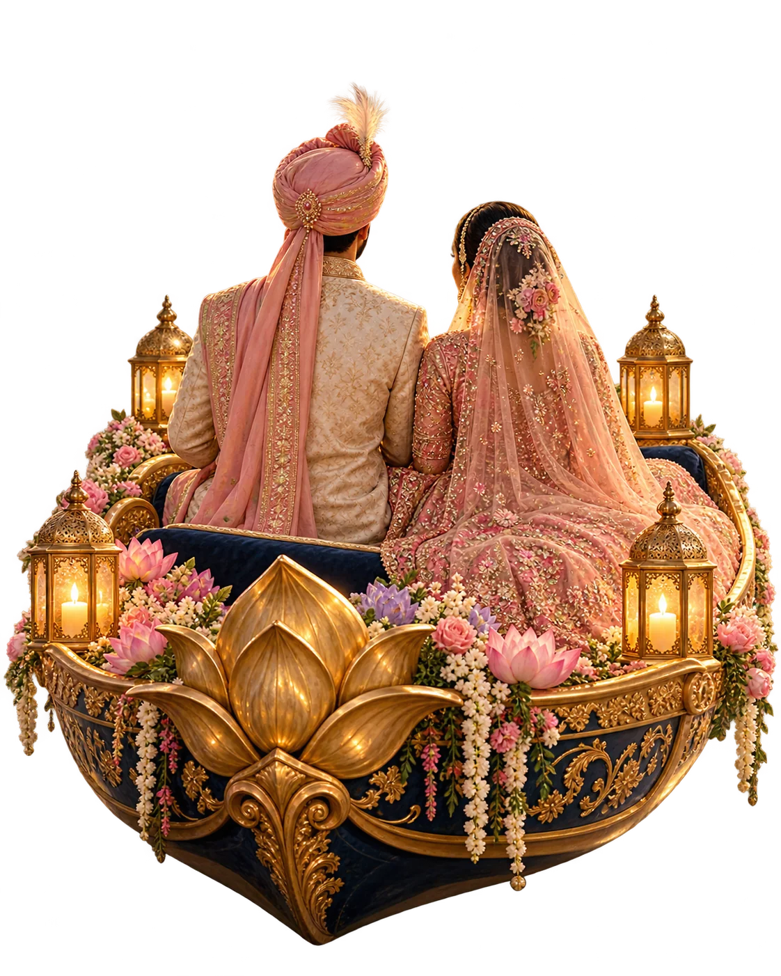 The bride and groom seated together on a lotus-shaped barge