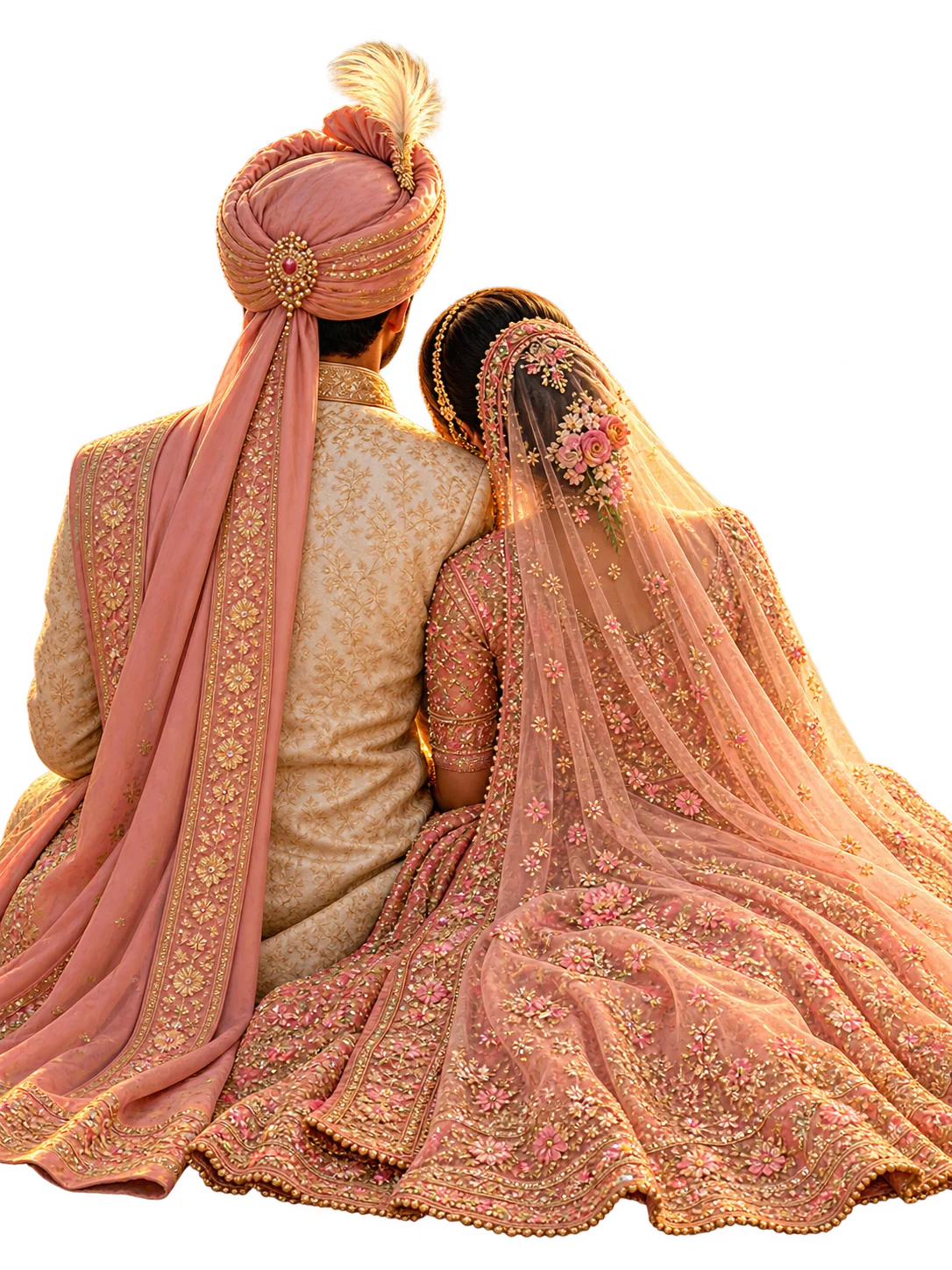 The bride and groom seated side by side, seen from behind