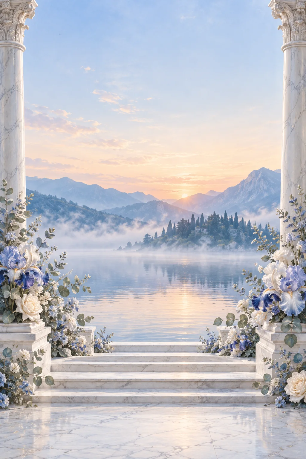 A white marble pavilion opening onto a misty lake with mountains at dawn