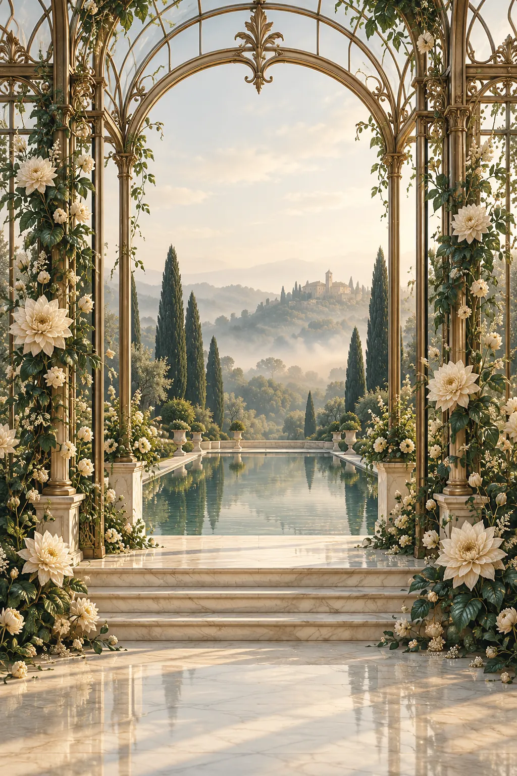 A bronze-and-glass conservatory opening onto a still reflecting pool, cypress trees and misty hills