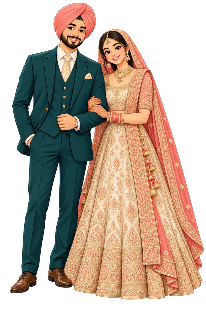 Illustrated portrait of Ekamjot in a pink turban and grey suit beside Gurleen in a pink embroidered lehenga