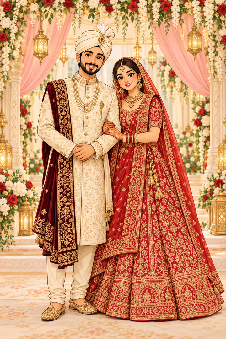 Illustrated portrait of Arjun in an ivory sherwani and turban beside Riya in a red bridal lehenga