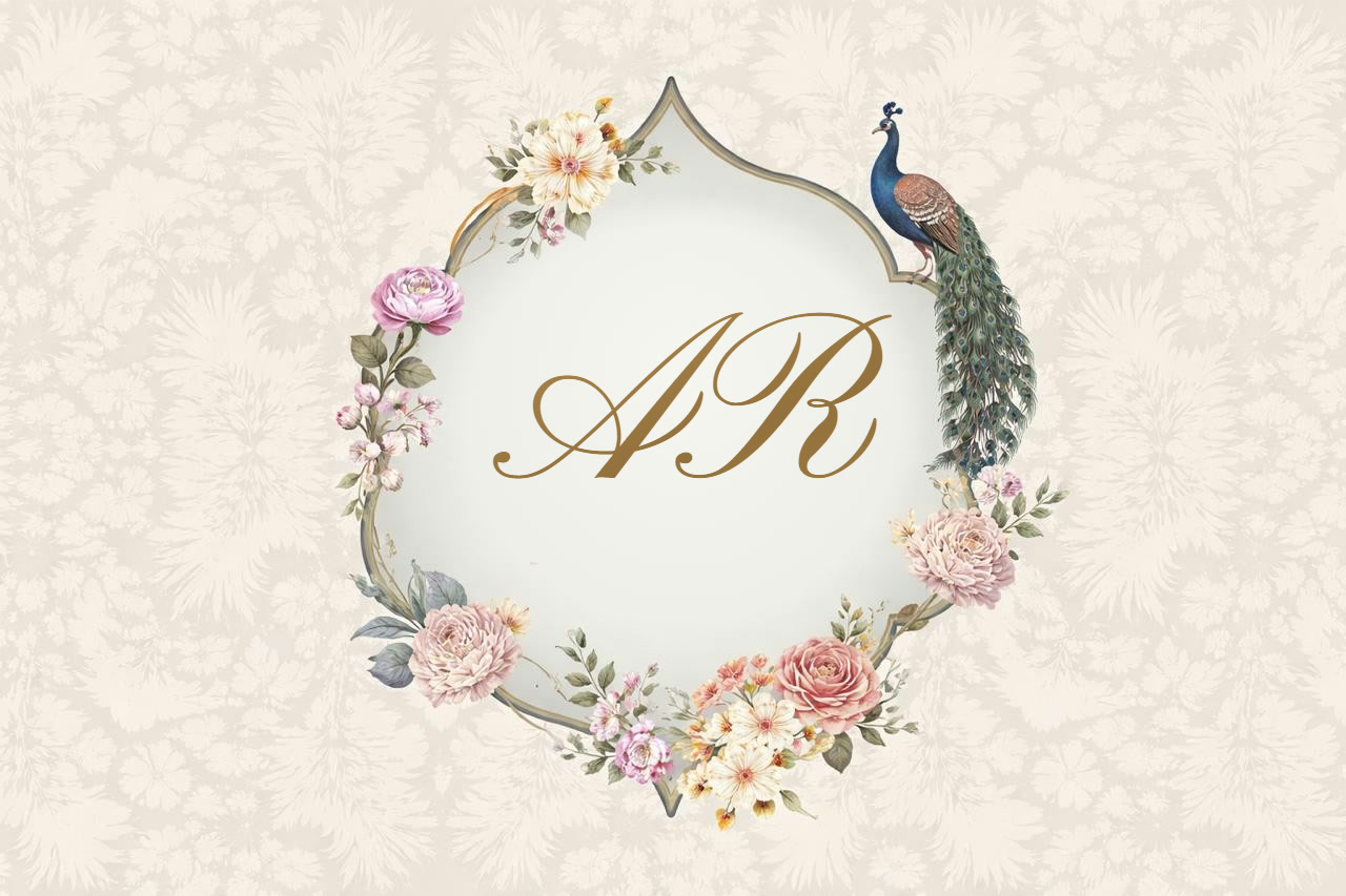 A R monogram in a floral arch with a peacock