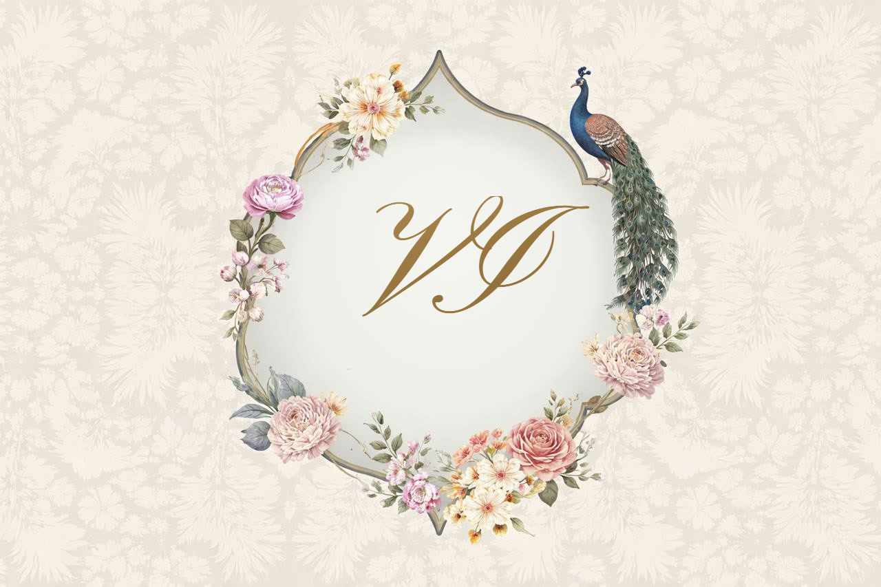 V I monogram in a floral arch with a peacock